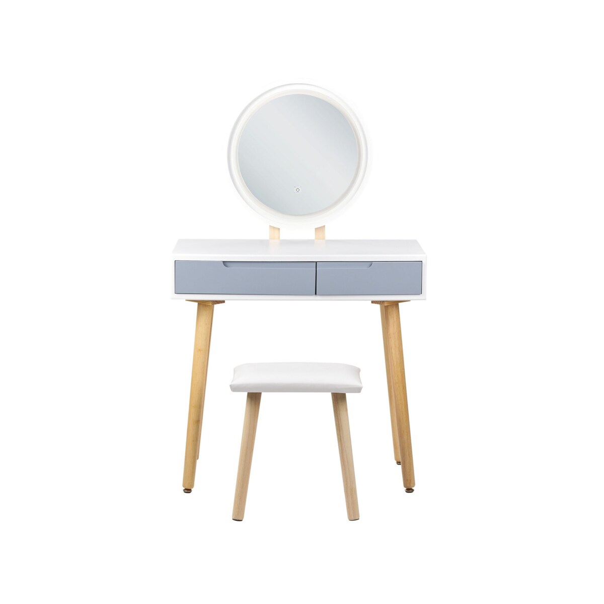 Toaletka 2 szuflady lustro LED ze stołkiem biało-szara JOSSELIN