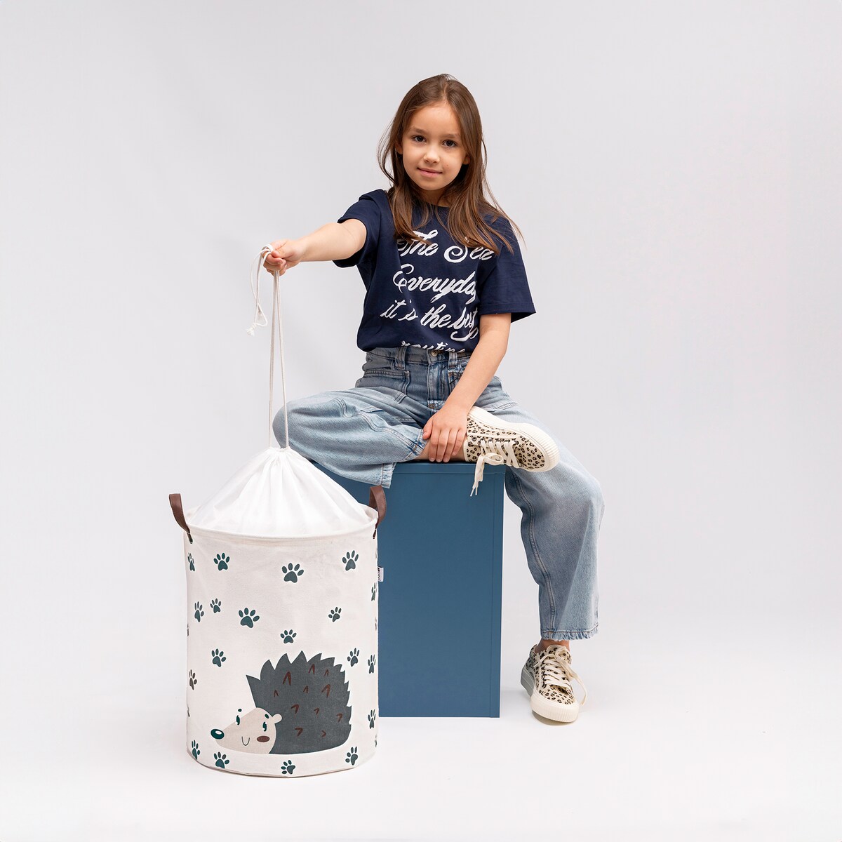 bawełniany kosz na zabawki sipo, zamykany na ściągacz, jeżyk, xl