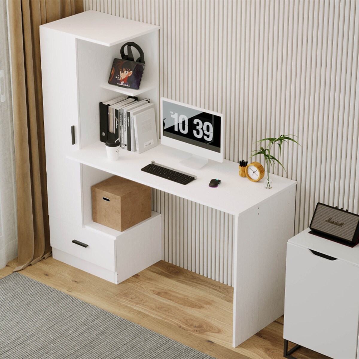 Biurko komputerowe z regałem do biura pokoju biały nowoczesne loft 142 cm