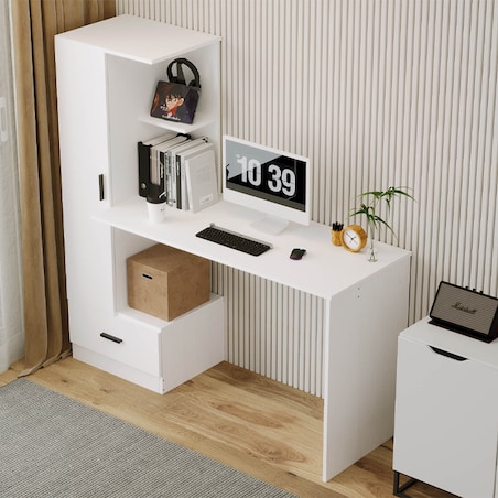 Biurko komputerowe z regałem do biura pokoju biały nowoczesne loft 142 cm