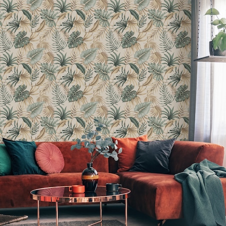 Tapeta LIŚCIE Tropikalne Na Beżowym Tle