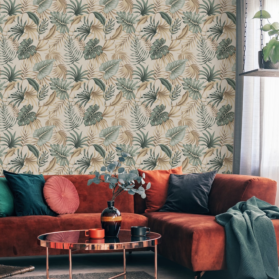 Tapeta LIŚCIE Tropikalne Na Beżowym Tle