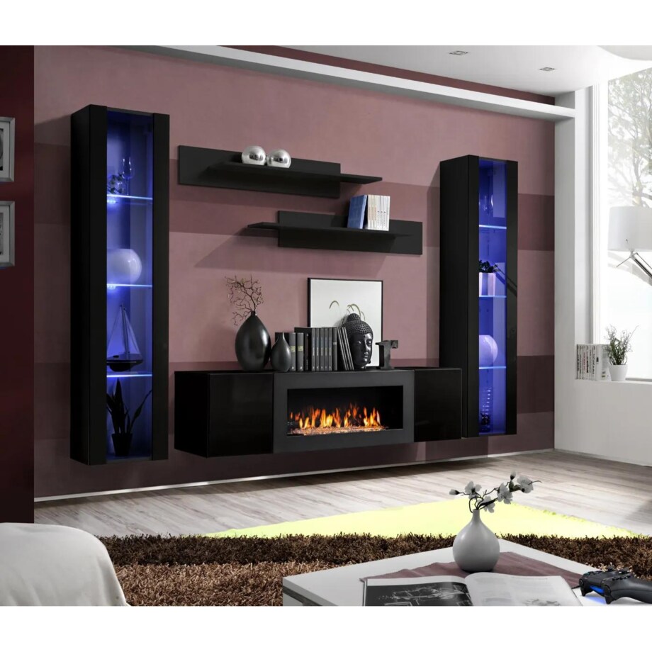 Meblościanka FLY M2 czarny połsyk/czarny mat z biokominkiem