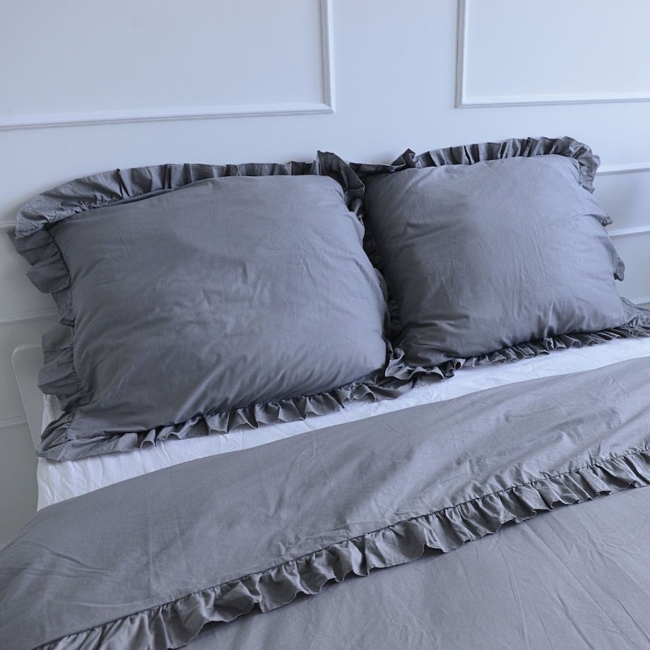 Pościel Bawełniana Z Ozdobną Falbanką Zestaw Komplet 140X200 Cm Ciemnoszara + Poduszka 70X80 Cm