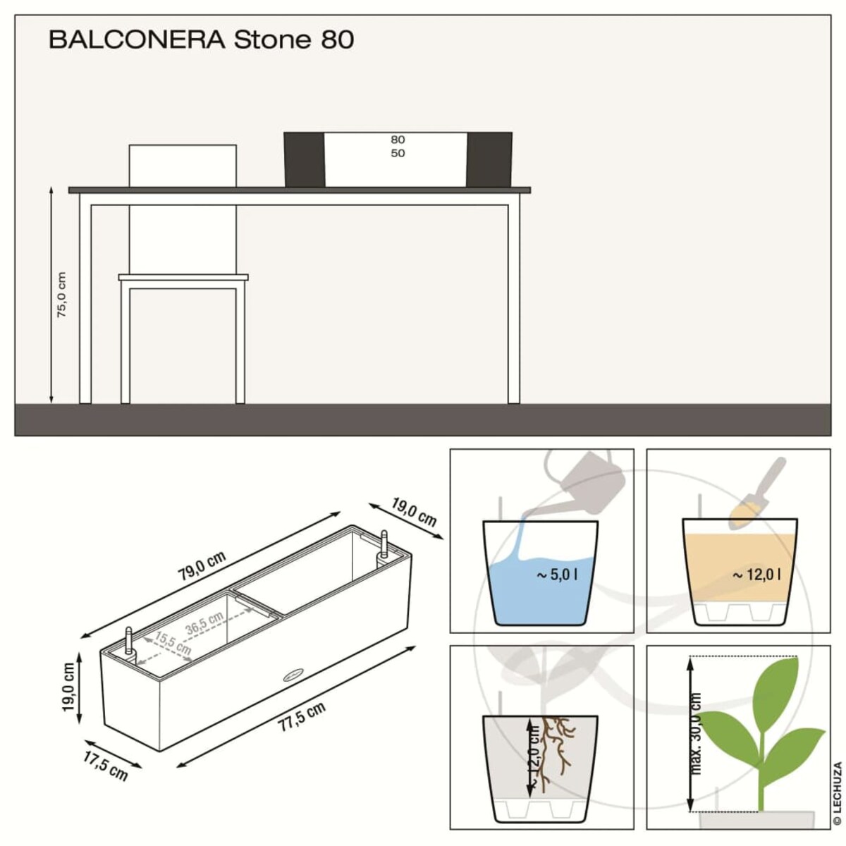 LECHUZA Donica BALCONERA Stone 80 ALL-IN-ONE, szara