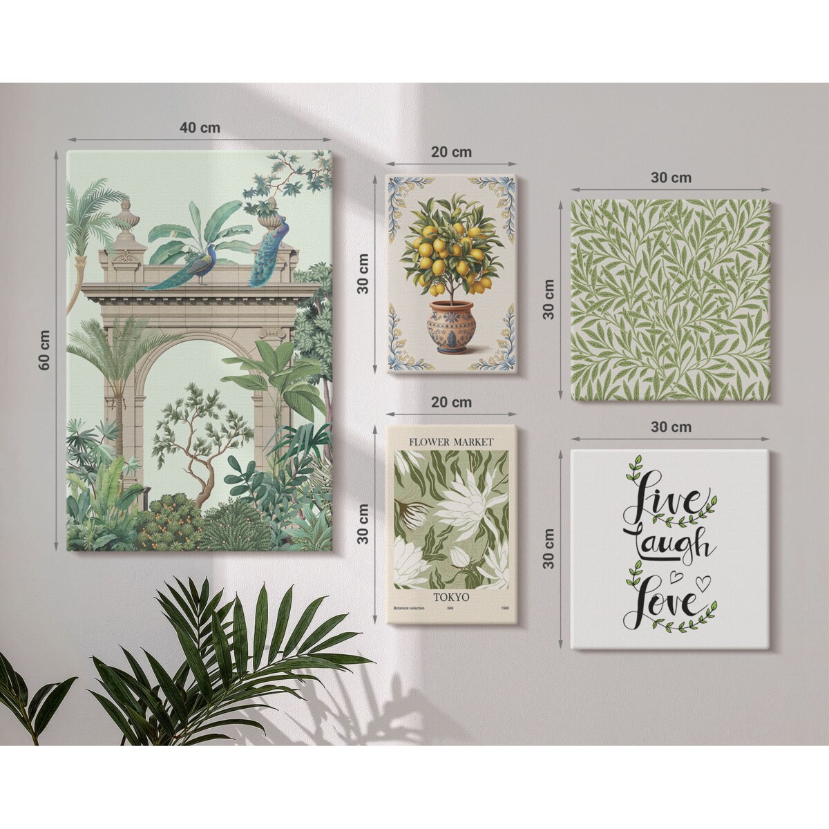 Zestaw 5 obrazów na płótnie - Roślinne motywy boho akcenty - zielony