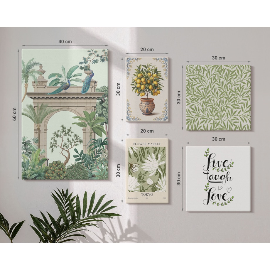Zestaw 5 obrazów na płótnie - Roślinne motywy boho akcenty - zielony