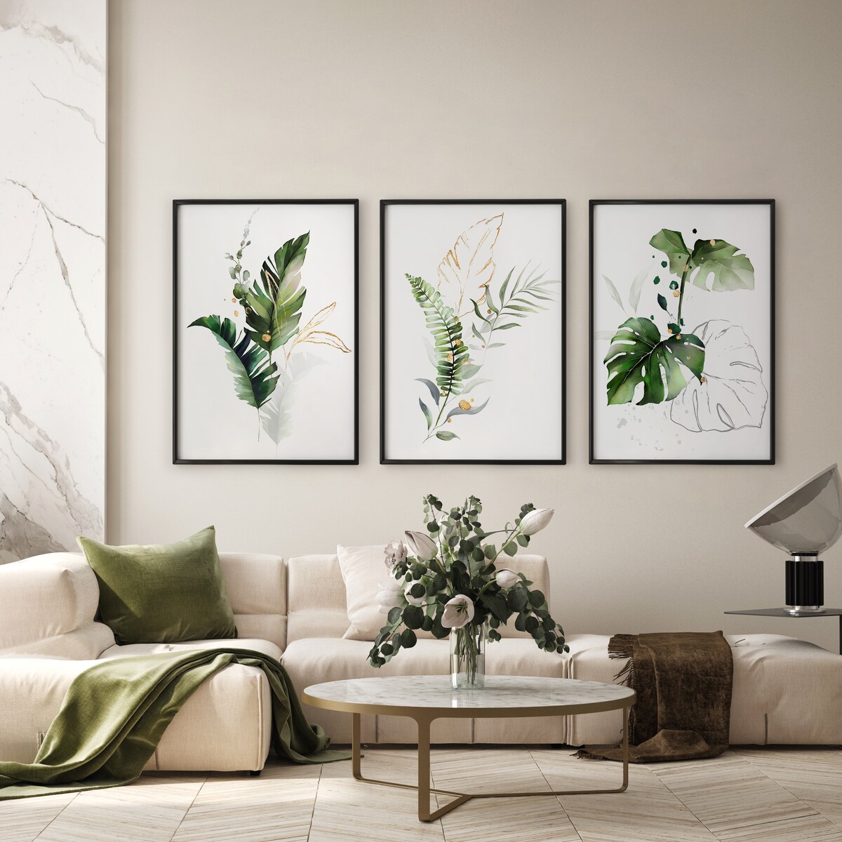 ZESTAW 3X PLAKAT W RAMIE DO SALONU AKWARELE TROPIKALNE LIŚCIE NATURA 60x80cm