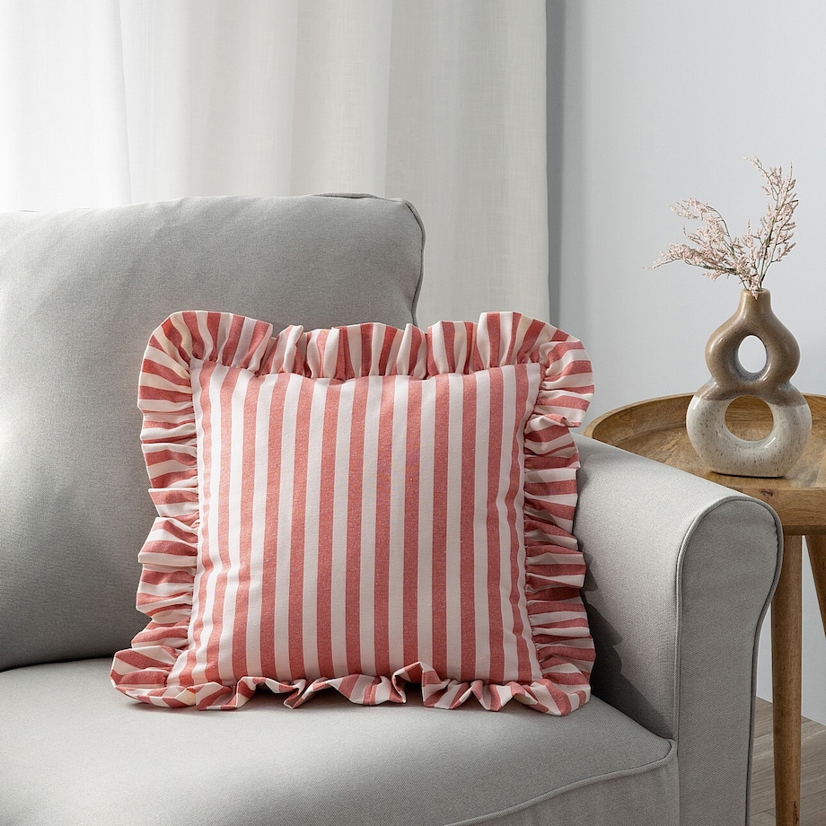 Poszewka Paula z falbaną 45x45 czerwono-białe pasy (1,5cm)