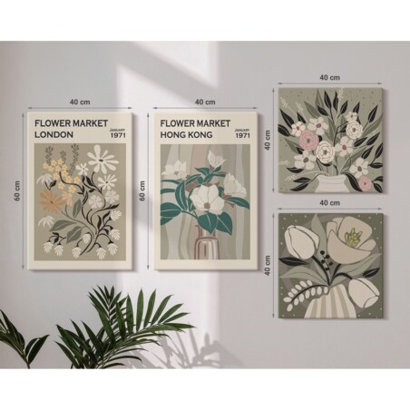 Zestaw 4 obrazów na płótnie - Kwiatowe ilustracje Londyn Hongkong boho - zielony