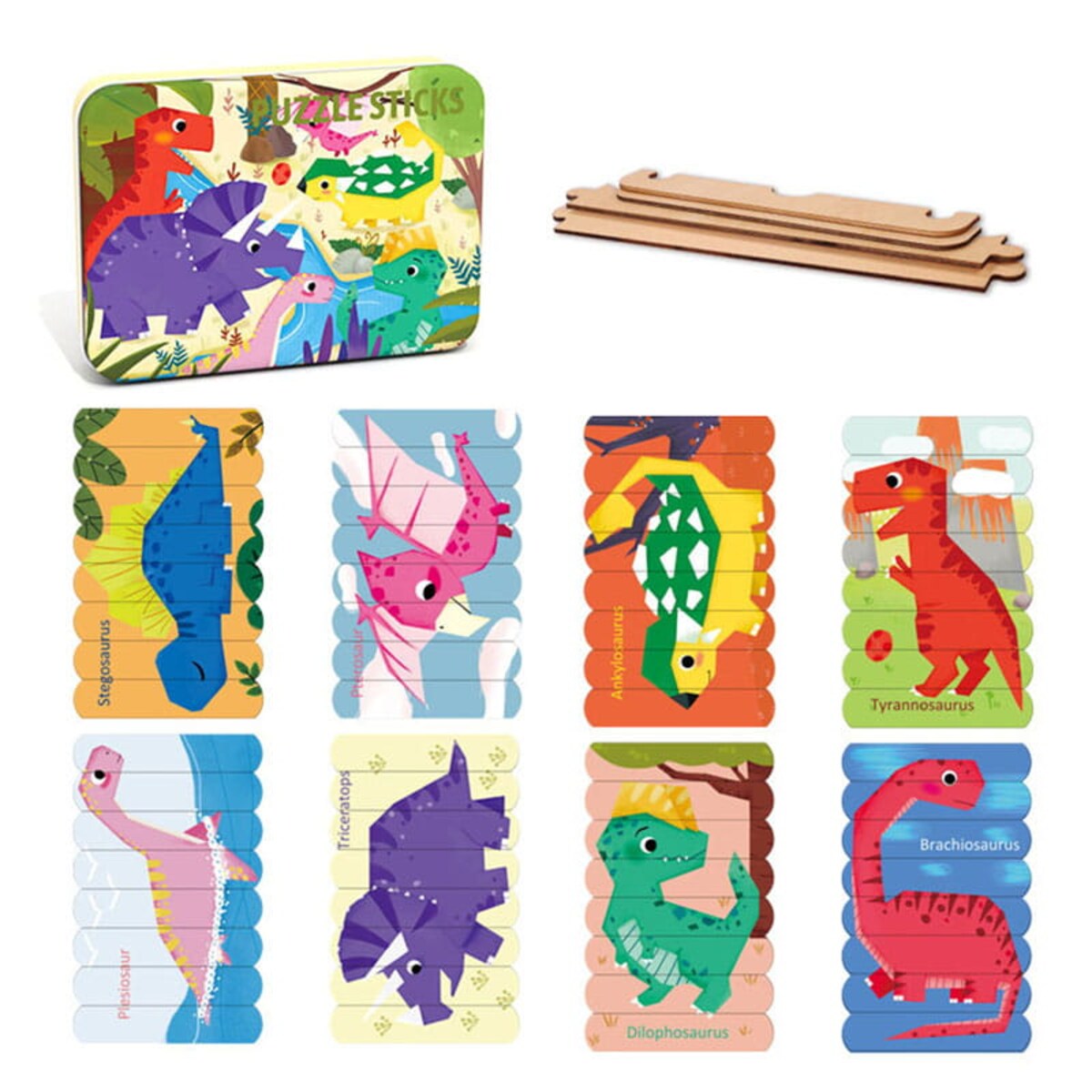 Puzzle drewniane Montessori - Lodowe patyczki Dinozaury