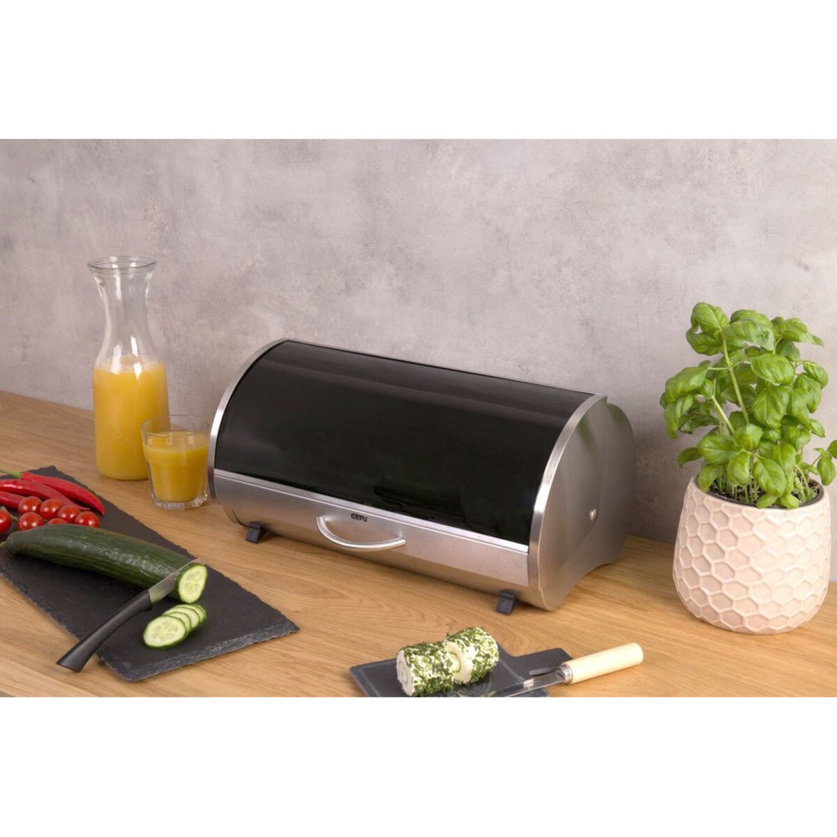 Chlebak w kształcie nerki, pojemnik na pieczywo ze szkła i stali z antypoślizgowymi nóżkami