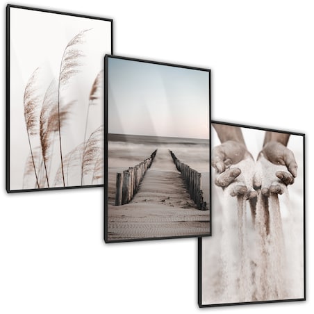 ZESTAW X3 PLAKAT W RAMIE PLAŻA MORZE WYDMY STYL BOHO MINIMALIZM 30x40cm