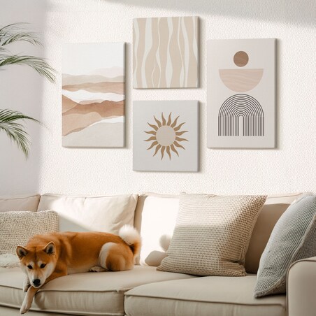 Zestaw 4 obrazów na płótnie - Abstrakcyjny pejzaż natura geometria boho - beżowy