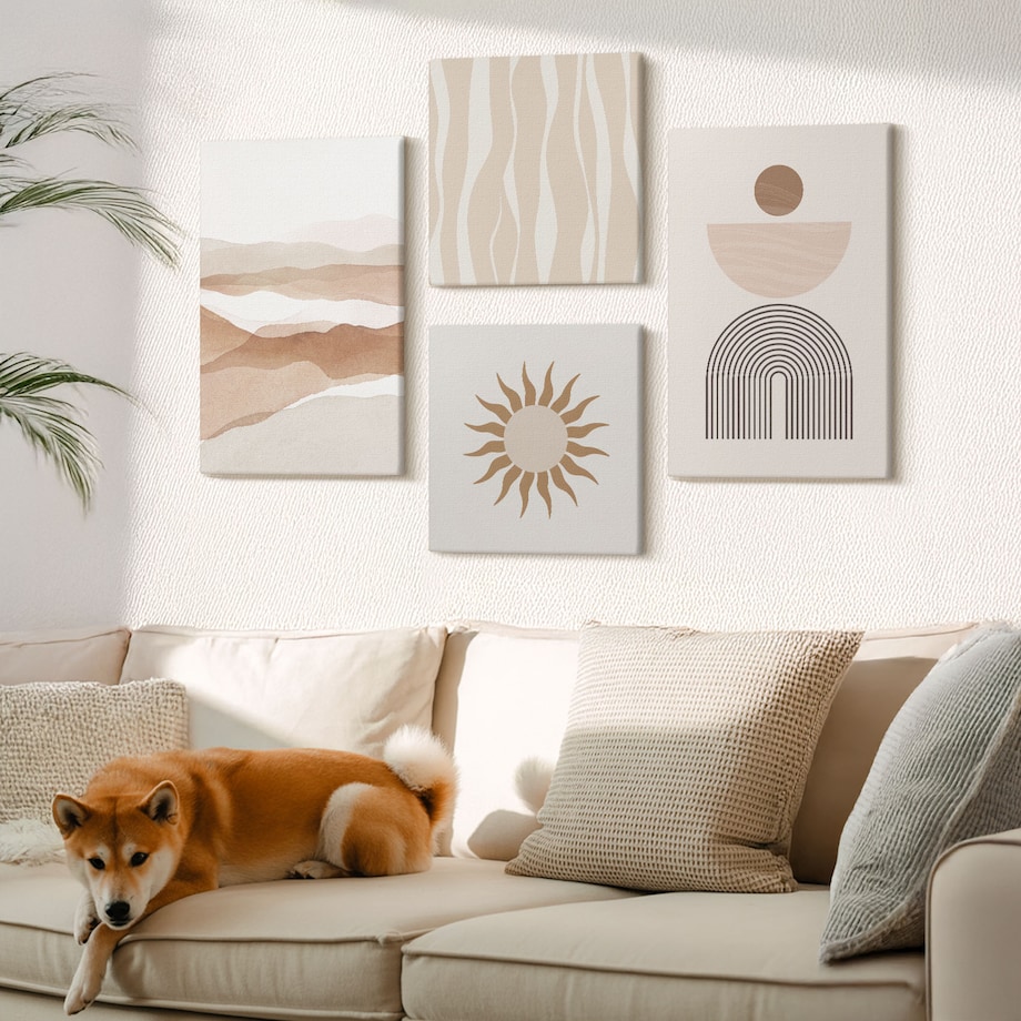 Zestaw 4 obrazów na płótnie - Abstrakcyjny pejzaż natura geometria boho - beżowy