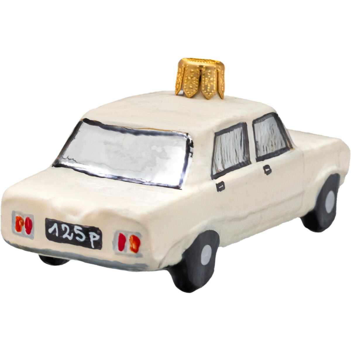 Bombka choinkowa szklana, ręcznie malowana: Fiat 125p: kremowy