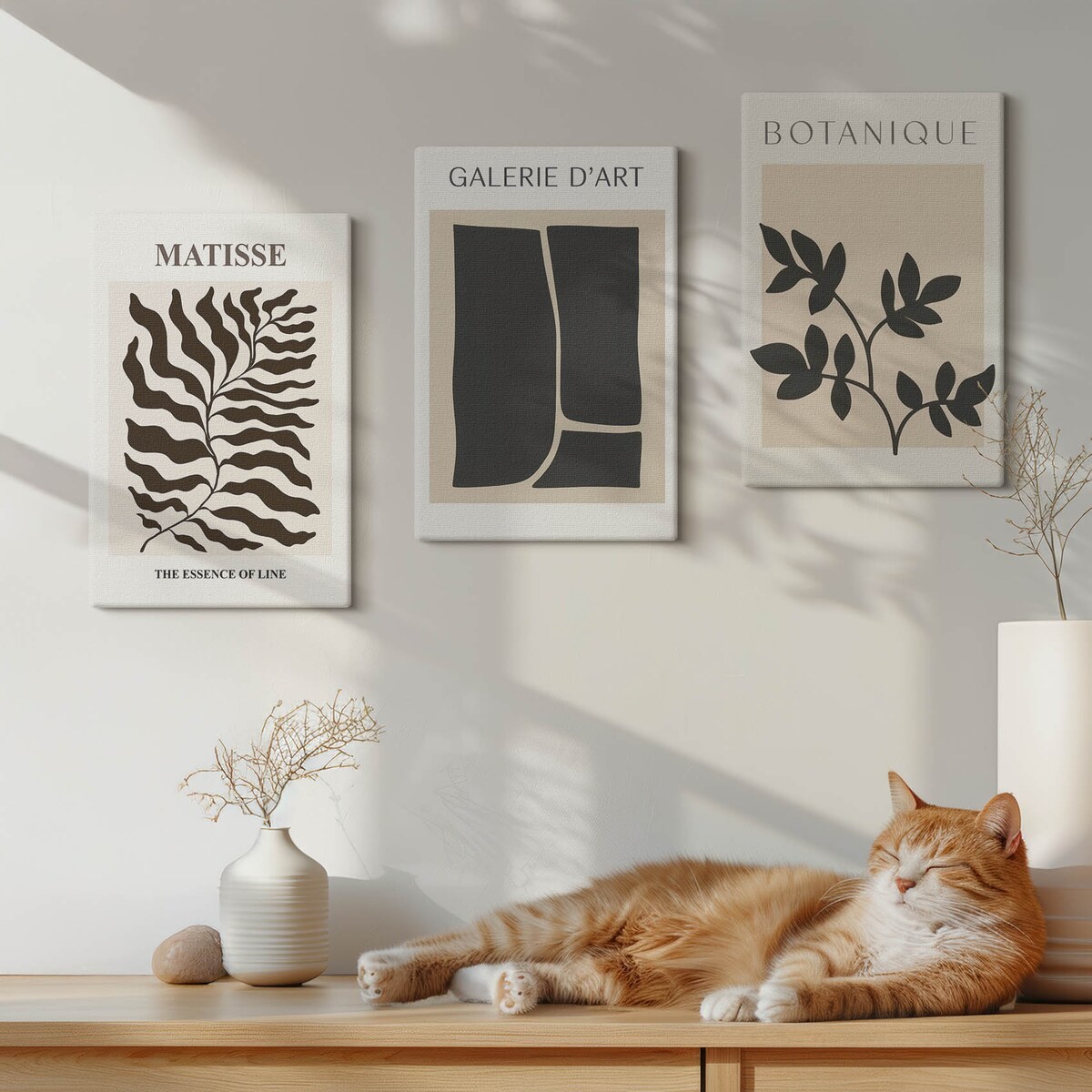 Zestaw 3 małych obrazów na płótnie - Minimalistyczne postery roślinne - beżowy