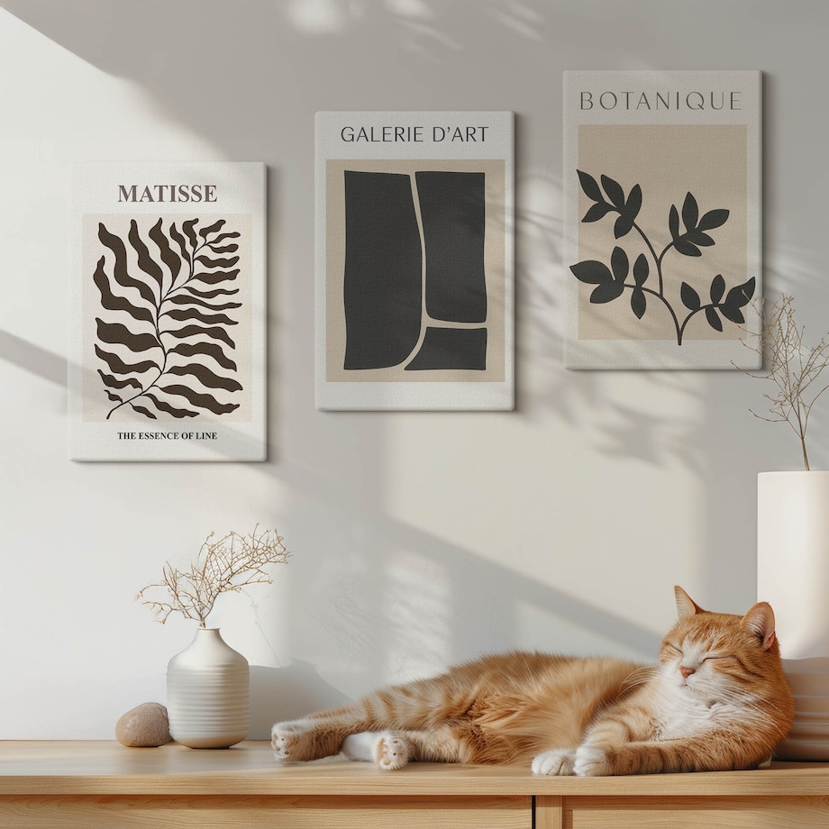 Zestaw 3 małych obrazów na płótnie - Minimalistyczne postery roślinne - beżowy