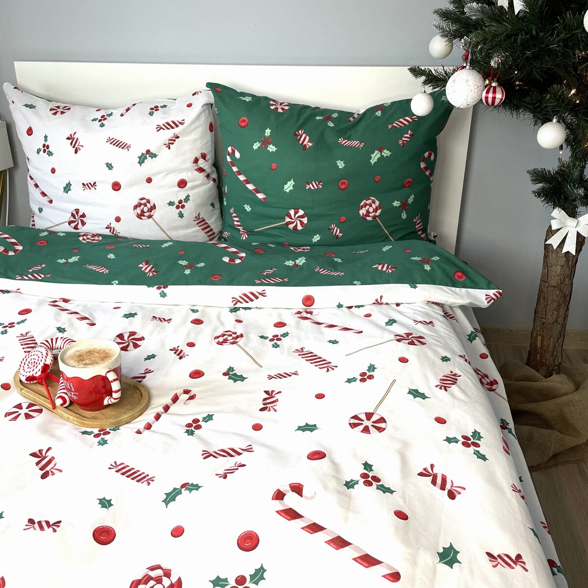 Dwustronna pościel bawełniana 200x220 - Świąteczna laski cukrowe