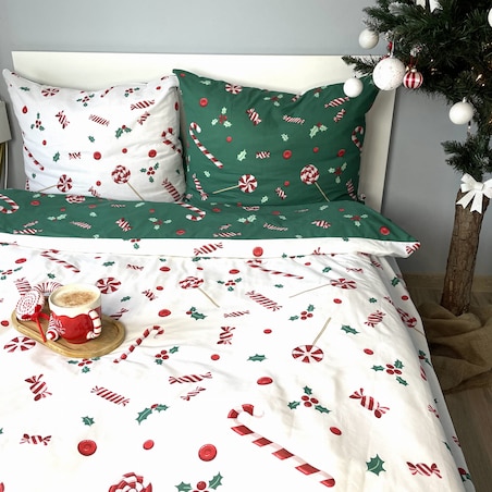 Dwustronna pościel bawełniana 200x220 - Świąteczna laski cukrowe