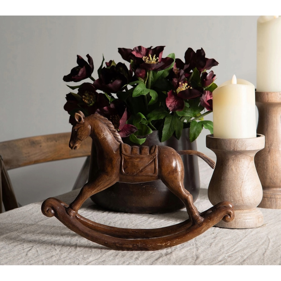 FIGURKA KOŃ KONIK NA BIEGUNACH BRĄZOWA BOHO LOFT RETRO DO DOMU SALONU