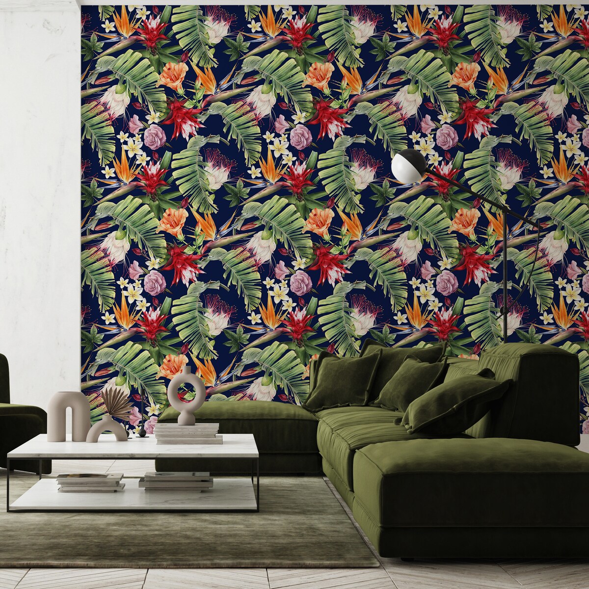 Tapeta TROPIKALNE Liście Kolorowe Kwiaty