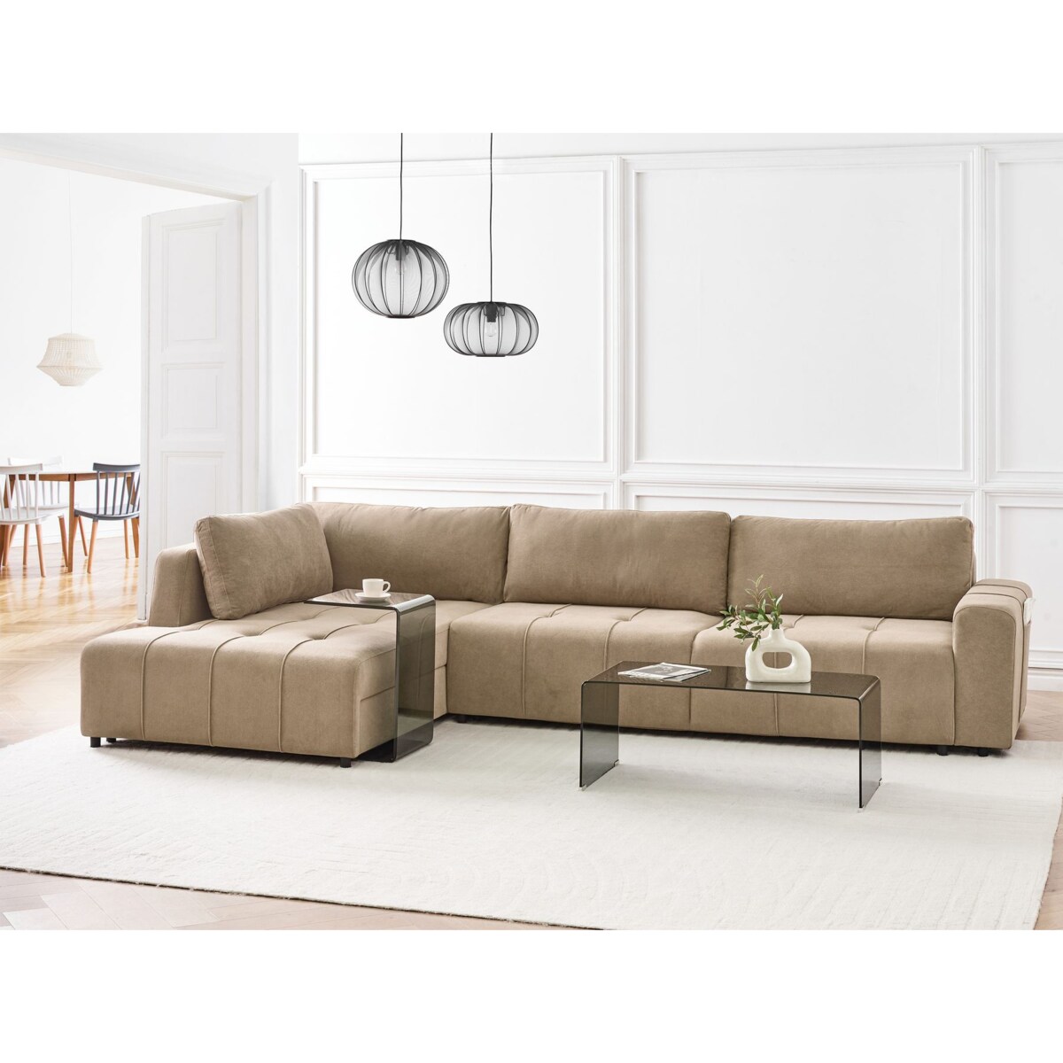 Narożnik rozkładany prawostronny 4-osobowy z pojemnikiem brązowy INNVIK