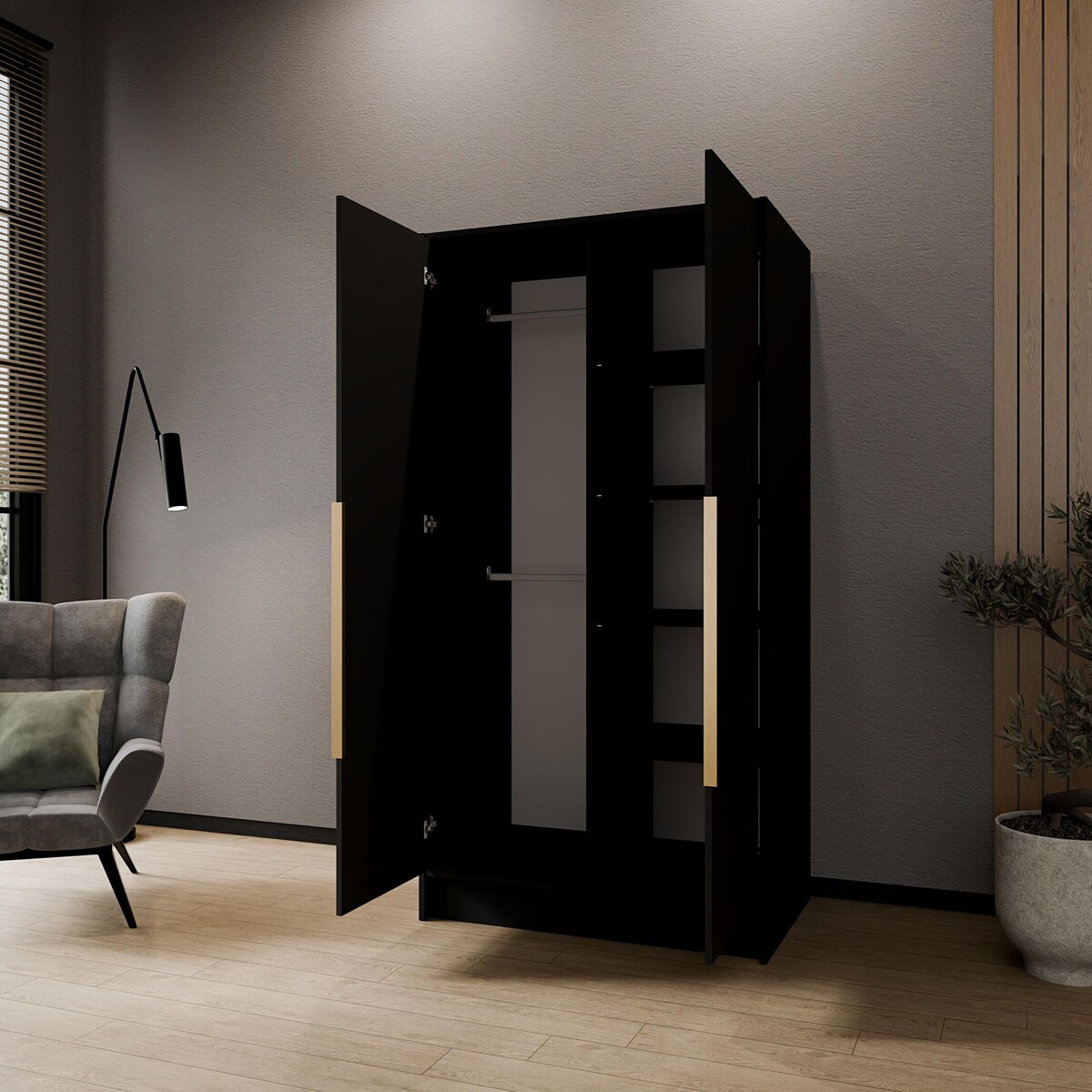 Szafa 100 gładka ORTO bez lustra ze złotymi uchwytami, czarna