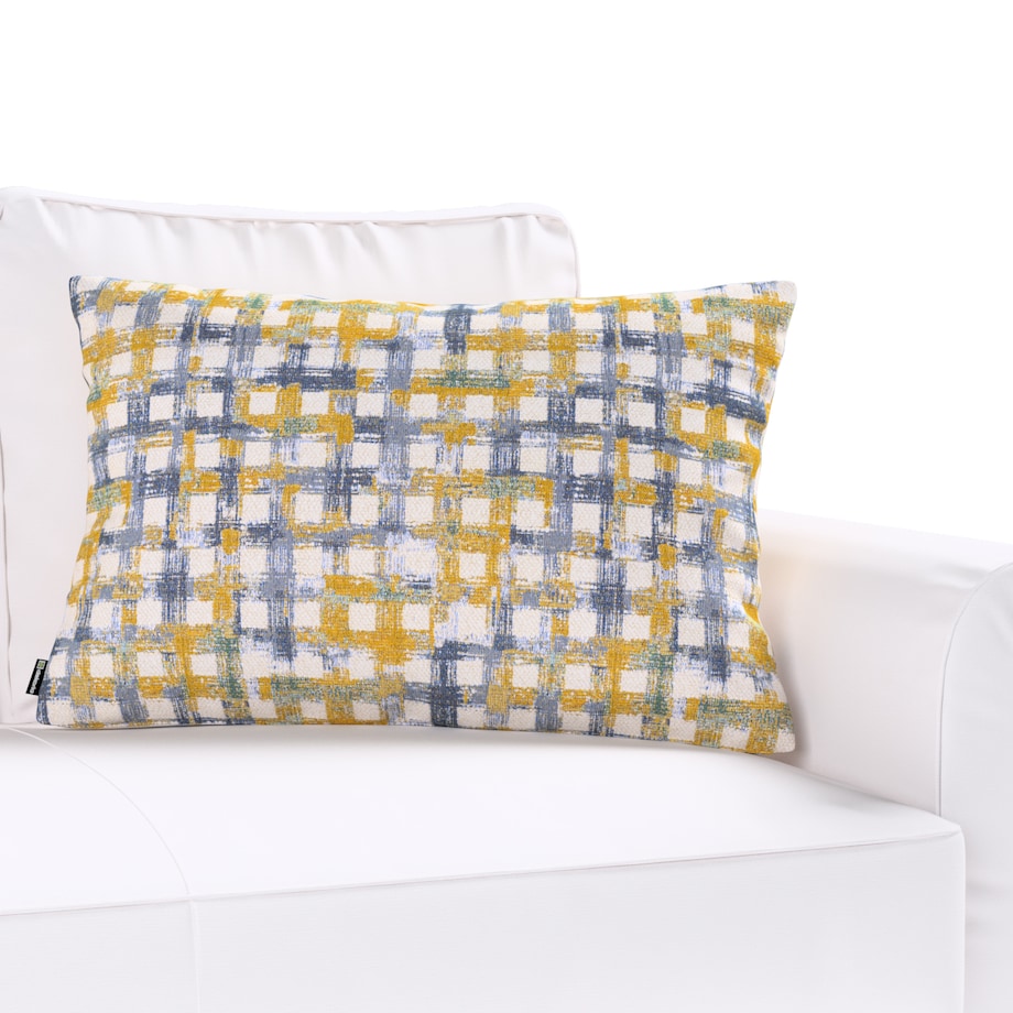 Poszewka Kinga na poduszkę prostokątną 47x28 niebiesko-żółta krata na kremowym tle