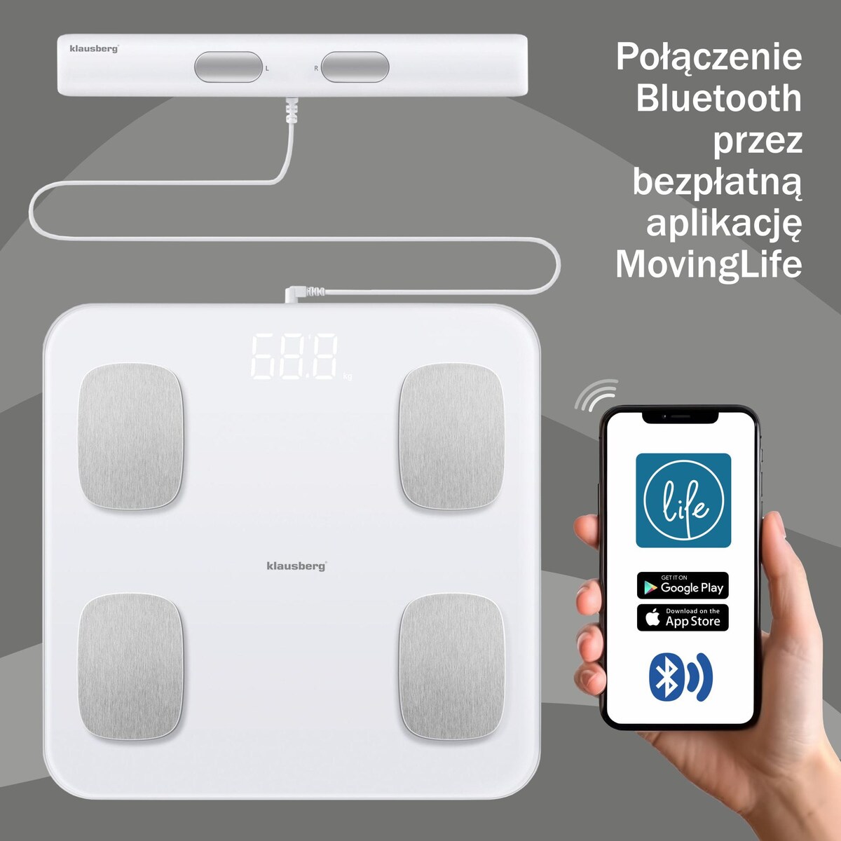 Waga łazienkowa z pomiarem tkanki tłuszczowej i składu ciała, Smart, BT, KLAUSBERG biała