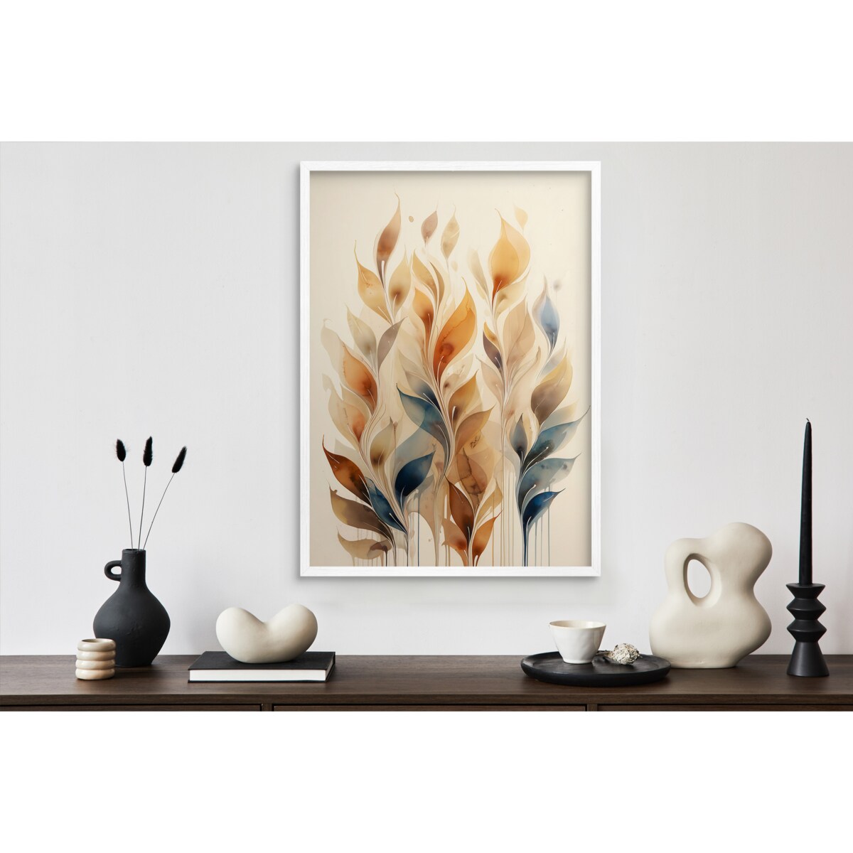 Plakat w złotej ramie do salonu sypialni Beżowy Obraz na ścianę Boho Liście