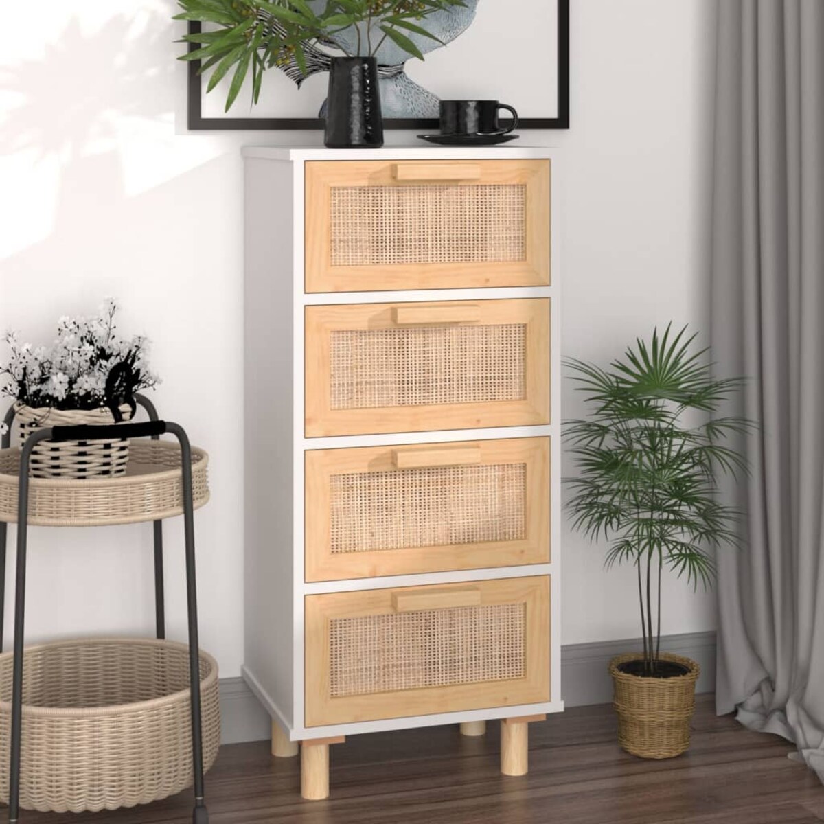 vidaXL Szafka, biała, 40x30x90 cm, lita sosna i naturalny rattan