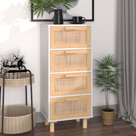 vidaXL Szafka, biała, 40x30x90 cm, lita sosna i naturalny rattan