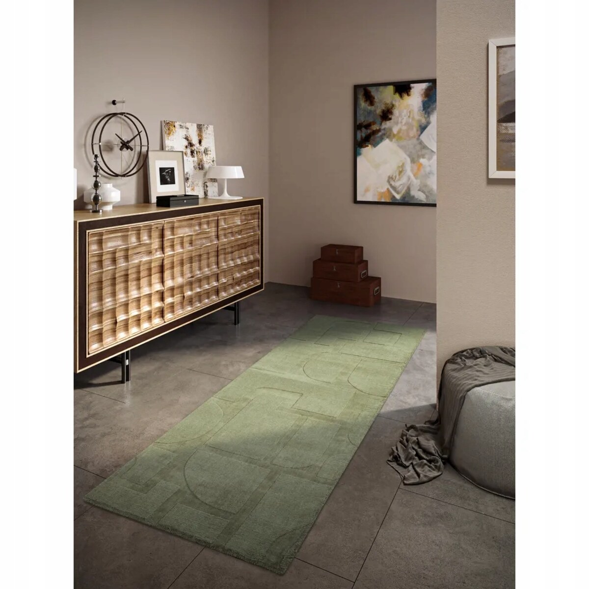 Chodnik wełniany do korytarza 80x250cm, zielony nowoczesny wzór 3D