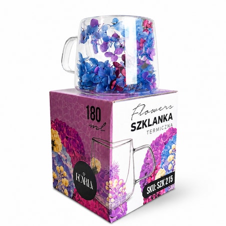 Szklanka termiczna z kwiatami w środku, pełna hortensji, niebieski bordo 180 ml 1szt SZK215