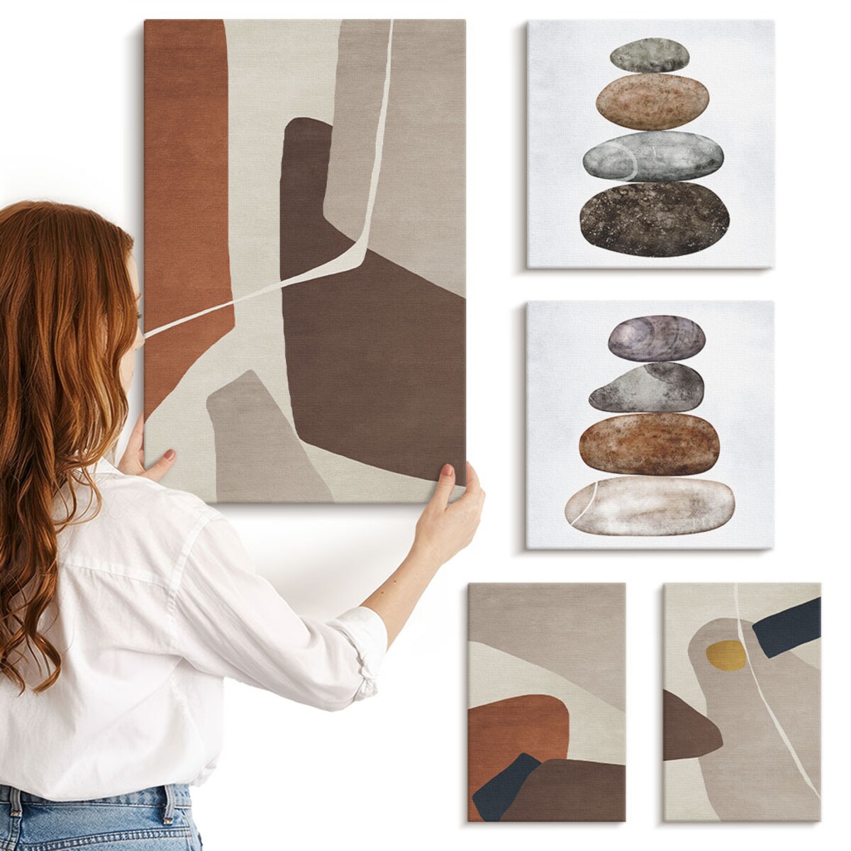 Zestaw 5 obrazów na płótnie - Abstrakcyjna boho sztuka nowa - brązowy