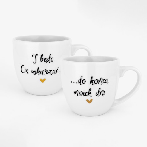 Zestaw 2 białych kubków porcelanowych 300 ml - motyw złotego serca dla pary na rocznicę