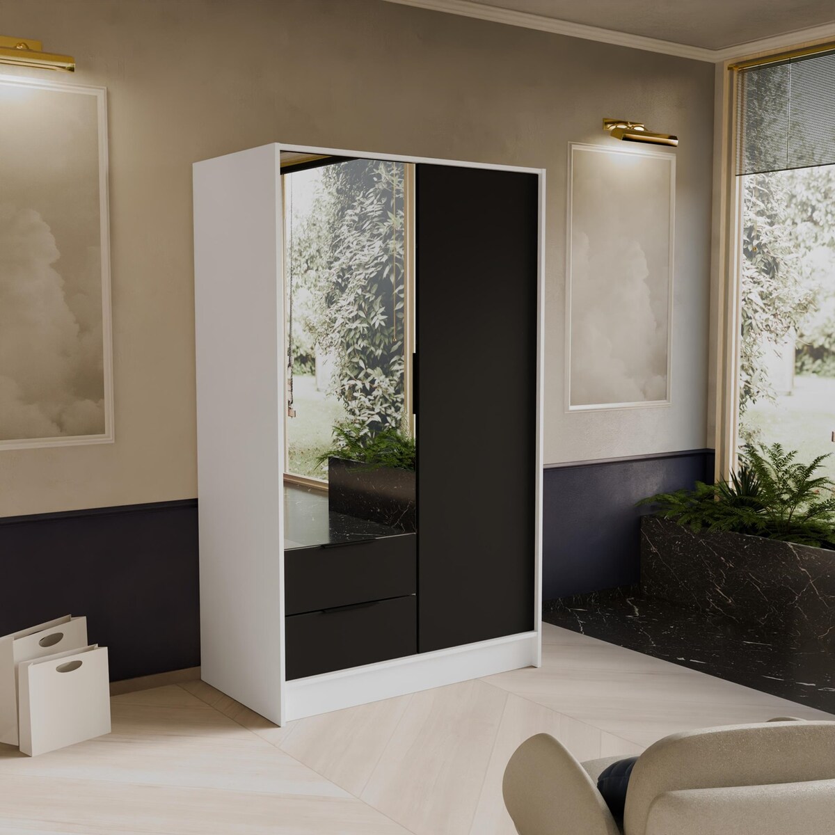 Szafa NIKOLA 103 z lustrem i regulowanymi półkami -biała+czarny front