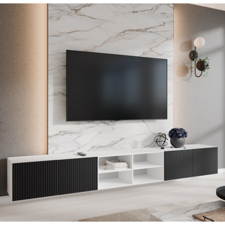 Szafka RTV NOELI 300 otwarta z półkami do salonu, ryflowana-biała+czerny