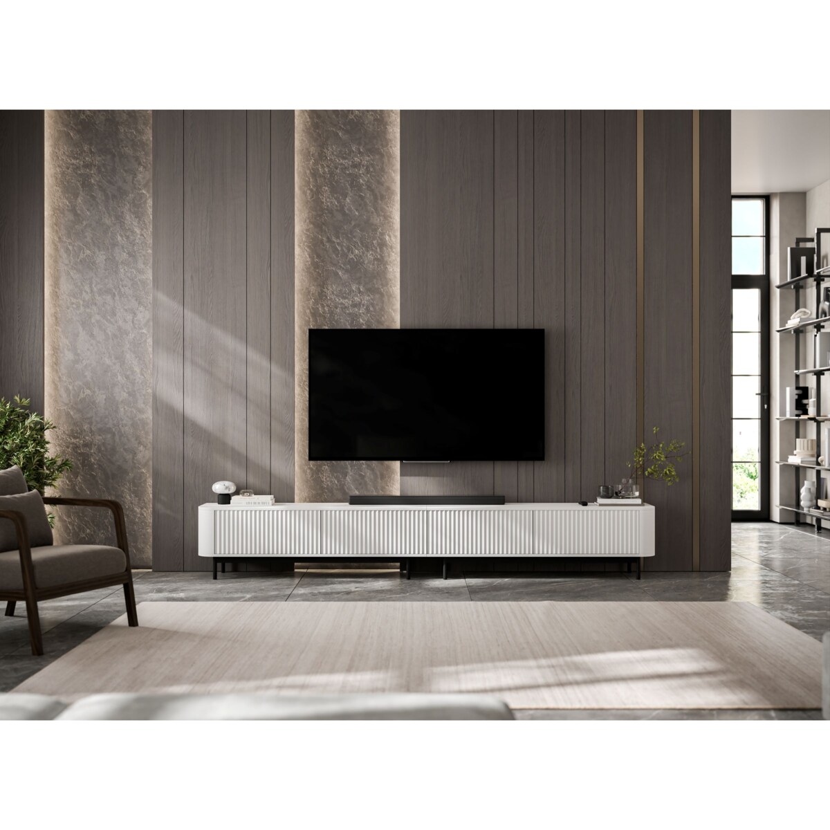 Szafka RTV Komoda RTV 280 cm Glamour Biały Mat Czarny Stelaż