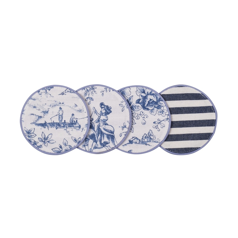 Mini dwustronne podkładki w stylu francuskim Toile de Jouy Blue & Stripes – komplet 4 szt.