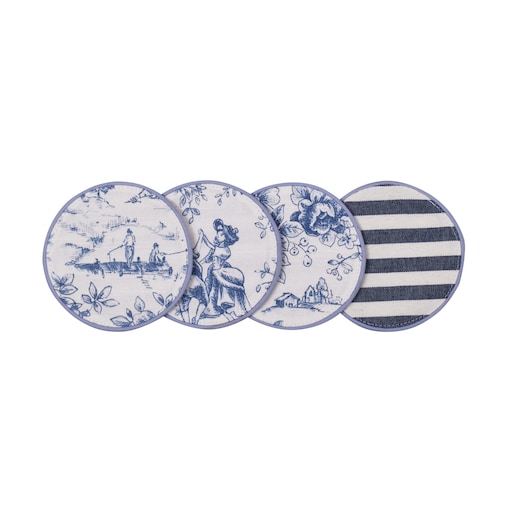 Mini dwustronne podkładki w stylu francuskim Toile de Jouy Blue & Stripes – komplet 4 szt.