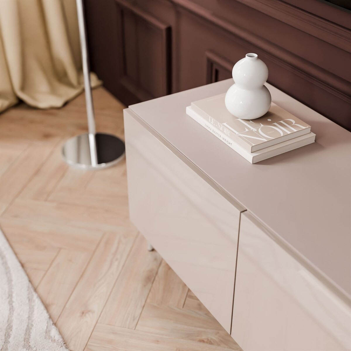 Szafka RTV COLGANTE 100 kaszmir wysoki połysk, oświetlenie LED, nóżki proste srebrne