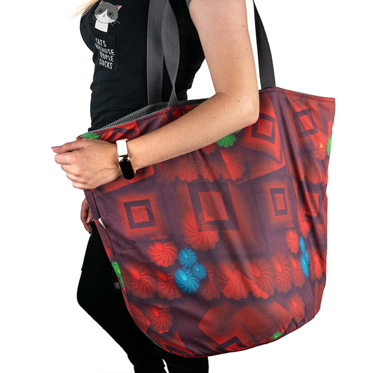 Torba na zakupy z okrągłym spodem, 58x48 szara środek czerwony wzór