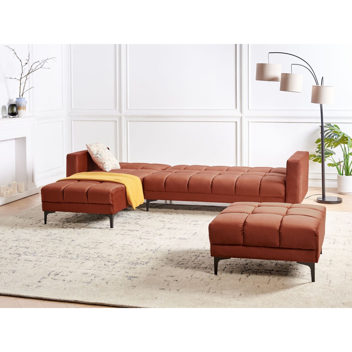 Sofa narożna prawostronna z otomaną ALNES Jasnoczerwony Welur Prawostronny