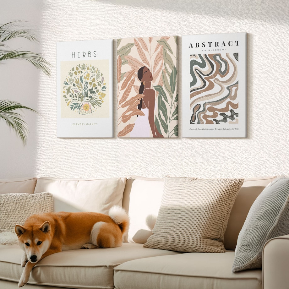 Zestaw 3 dużych obrazów na płótnie - Boho pastelowe plakaty minimalistyczne boho - beżowy