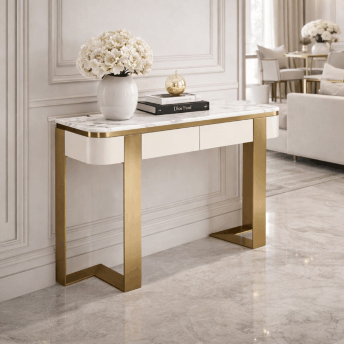 Konsola glamour z marmurem i szufladami Sofia 120x38x85