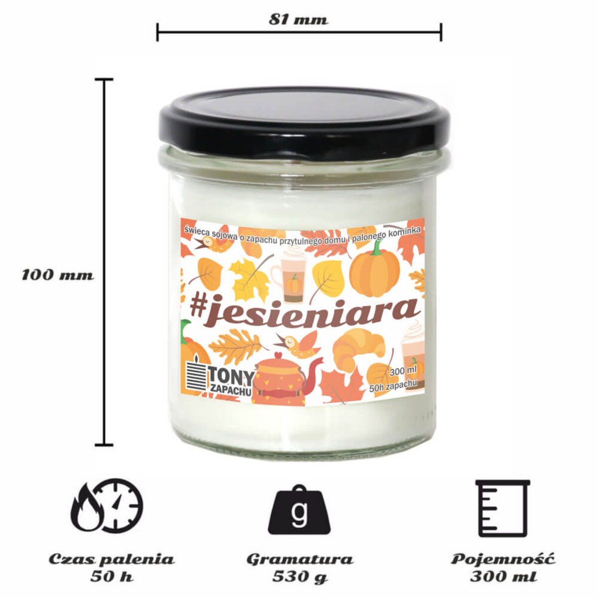 Naturalna świeca sojowa #JESIENIARA o zapachu pieczonego ciasta w szklanym naczyniu, prezent dla najbliższych, 300ml, na chłodne jesienne wieczory