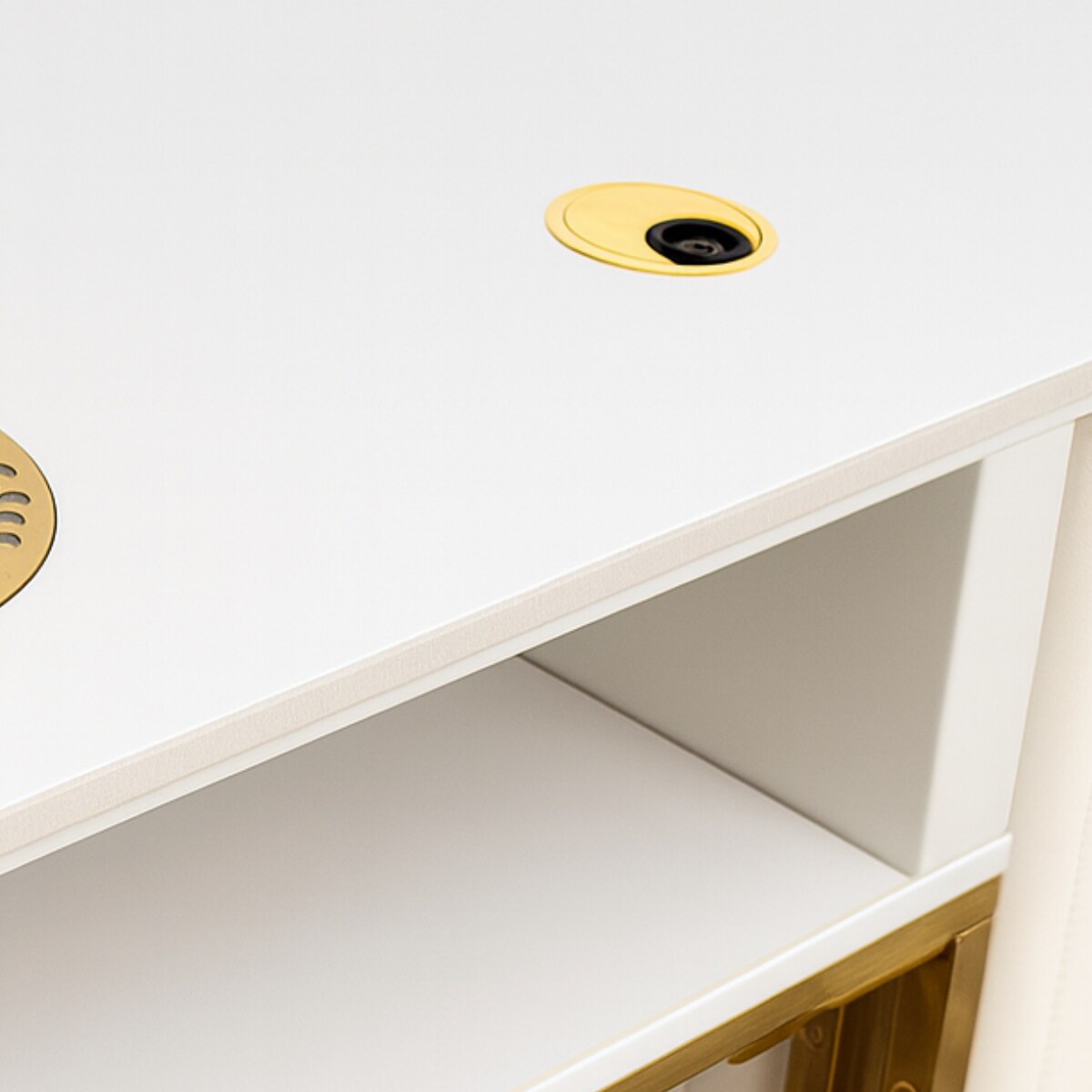 Biurko kosmetyczne z otworem na pochłaniacz biało-złote 130x45x78