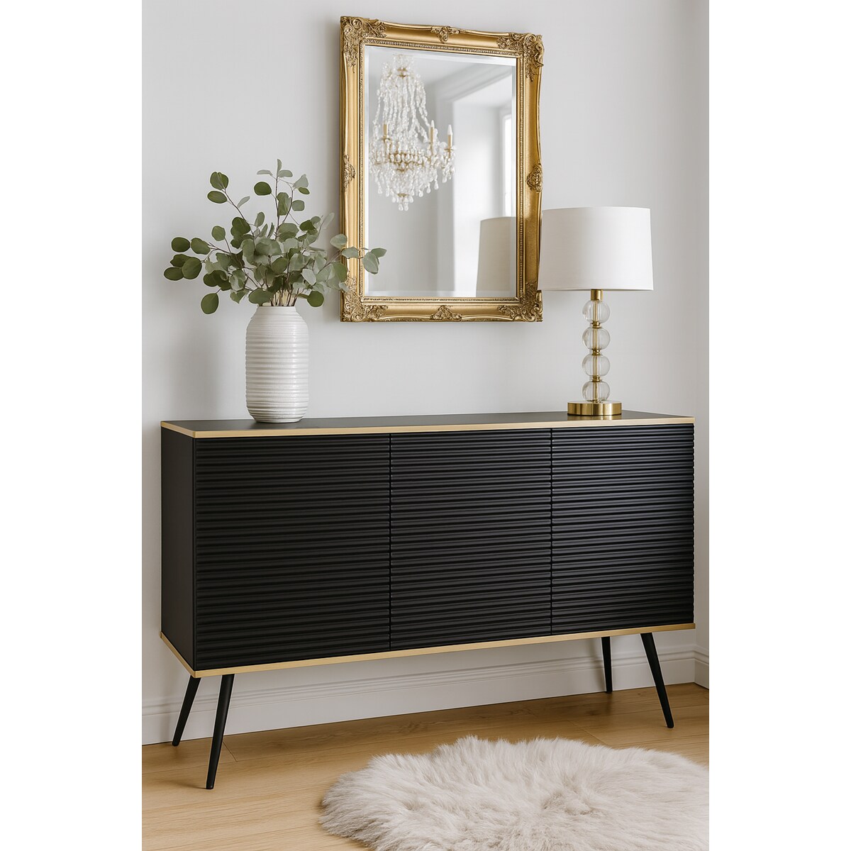 Komoda 160 POLO na wysokich czarnych nóżkach, ryflowane fronty, czarna